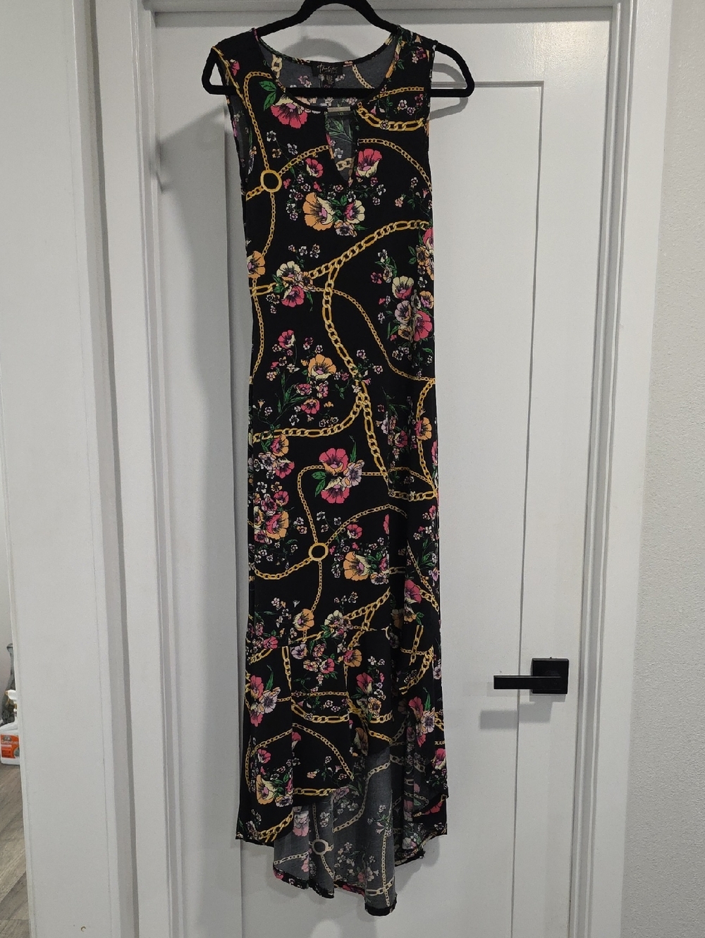 Thalia Sodi Black Floral Print Dress with Gold Accents